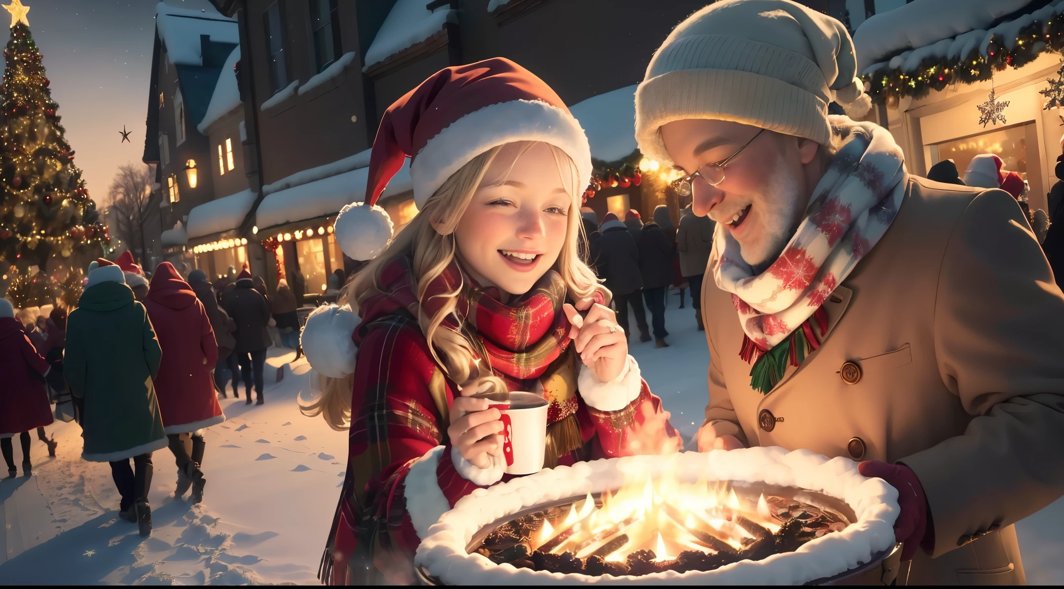 (best quality,4k,8k,highres,masterpiece:1.2),ultra-detailed,(realistic,photorealistic,photo-realistic:1.37),festive (Christmas),vibrant (colors),snow-covered (streets:1.1),crowded (with people),twinkling (lights),festively (decorated),cozy (cafes and shops),festive (music),delighted (faces),beautiful (Christmas trees),festive (decorations),glistening (ornaments),joyful (atmosphere),smiling (children),excited (shoppers),magnificent (fireworks),festive (parades),Santa Claus (spreading cheer),Reindeers (pulling sleigh),jolly (elves),carol singers (spreading melodies),ice skating (rinks),warm (cocoa),friends and families (enjoying together),snowflakes (falling gently),lush (wreaths),delicious (holiday treats),Christmas stockings (hanging),beautifully (wrapped gifts),wonderfully (dressed people),engraved (Christmas cards),warm (fireplaces),sparkling (stars),enchanted (atmosphere),magical (winter wonderland),celebrating (traditions),festively (attired),holiday spirit (in the air),festive (parades),joyous (celebration)