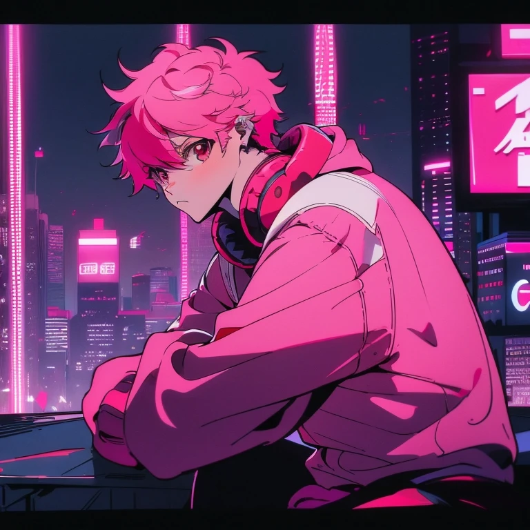 (short-cut), (Two-block hair), (vivid pink hair), (male character), (Red Eyes), (Cool pose), (of the highest quality), (​masterpiece), (ultra-detailliert), (Oversized hoodies), (Street), (neons), (Camera from a down angle), (Modern City), (neonsデイライト), (Cinematic), (Stylish), (hight resolution), (Hyper Detailed), (Looking at the camera), (Anime-style), (Softtown), (nightcore), (a handsome man), (Listening to music through headphones), (natural appearance of the building), (casual), (ig studios anime style), (Singing Pose),