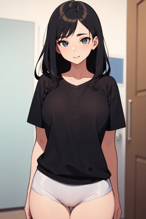 ((La mejor calidad)), ((Obra maestra)), (Detallado), Cara perfecta, sexy, cabel negro, pose sexy, Cabello largo, flaco, ojos azules, Camiseta