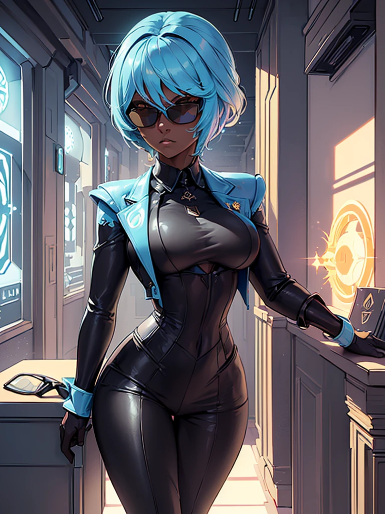 ((Best Quality)), ((Masterpiece)), (Detail: 1.4), Intricate details, Cinematic lighting, Sharp focus, Detailed face, Business woman with medium light blue hair, (Futuristic sun glasses:1.4), (Dark skin:1.4), (Black business outfit:1.5), Tall woman, (Medium breasts:1.4), Futuristic office room,