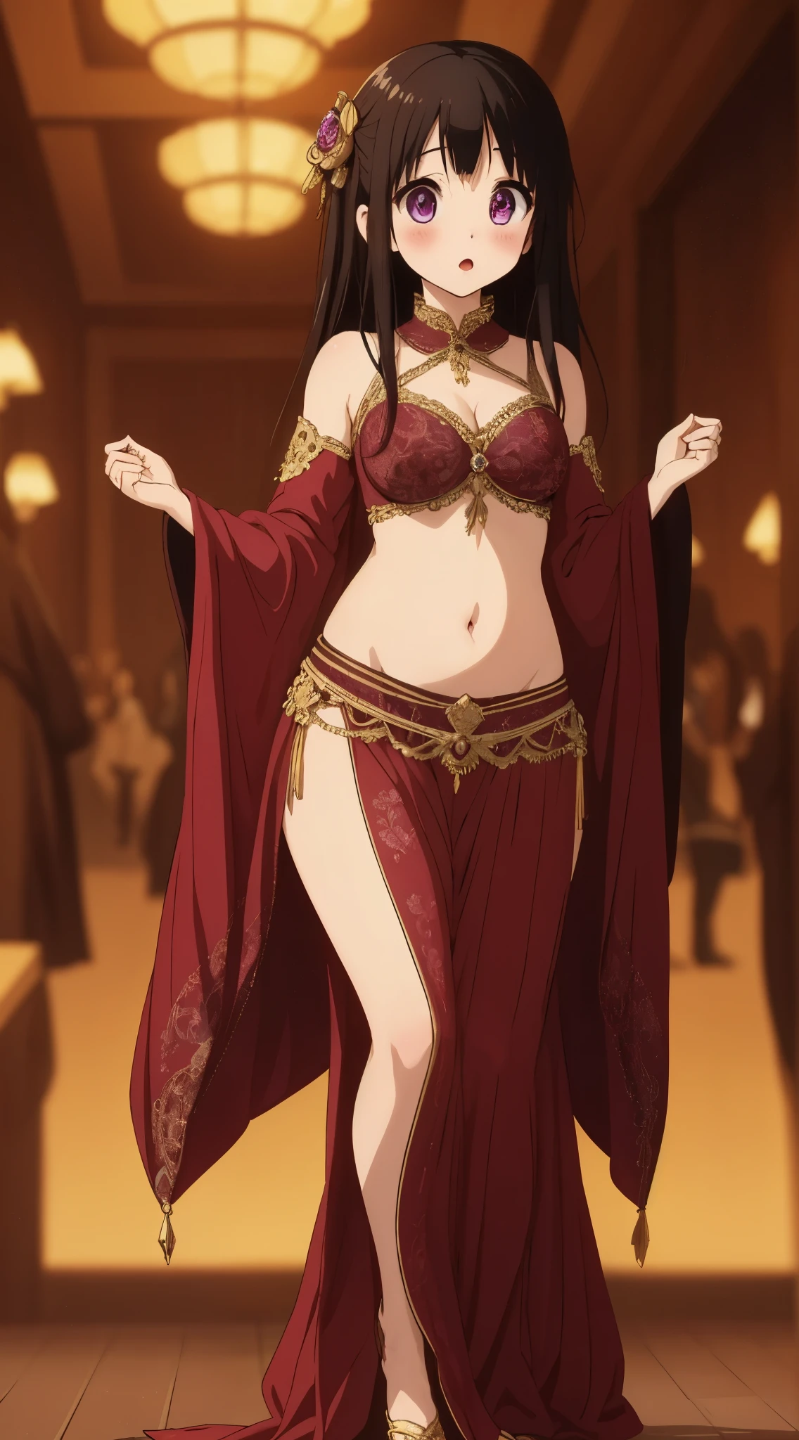 masterpiece, best quality, illustration, highly detailed, chitanda_eru, beautiful detailed eyes, full body, belly dancer, perfect lighting, (blush), :o , (crowd)