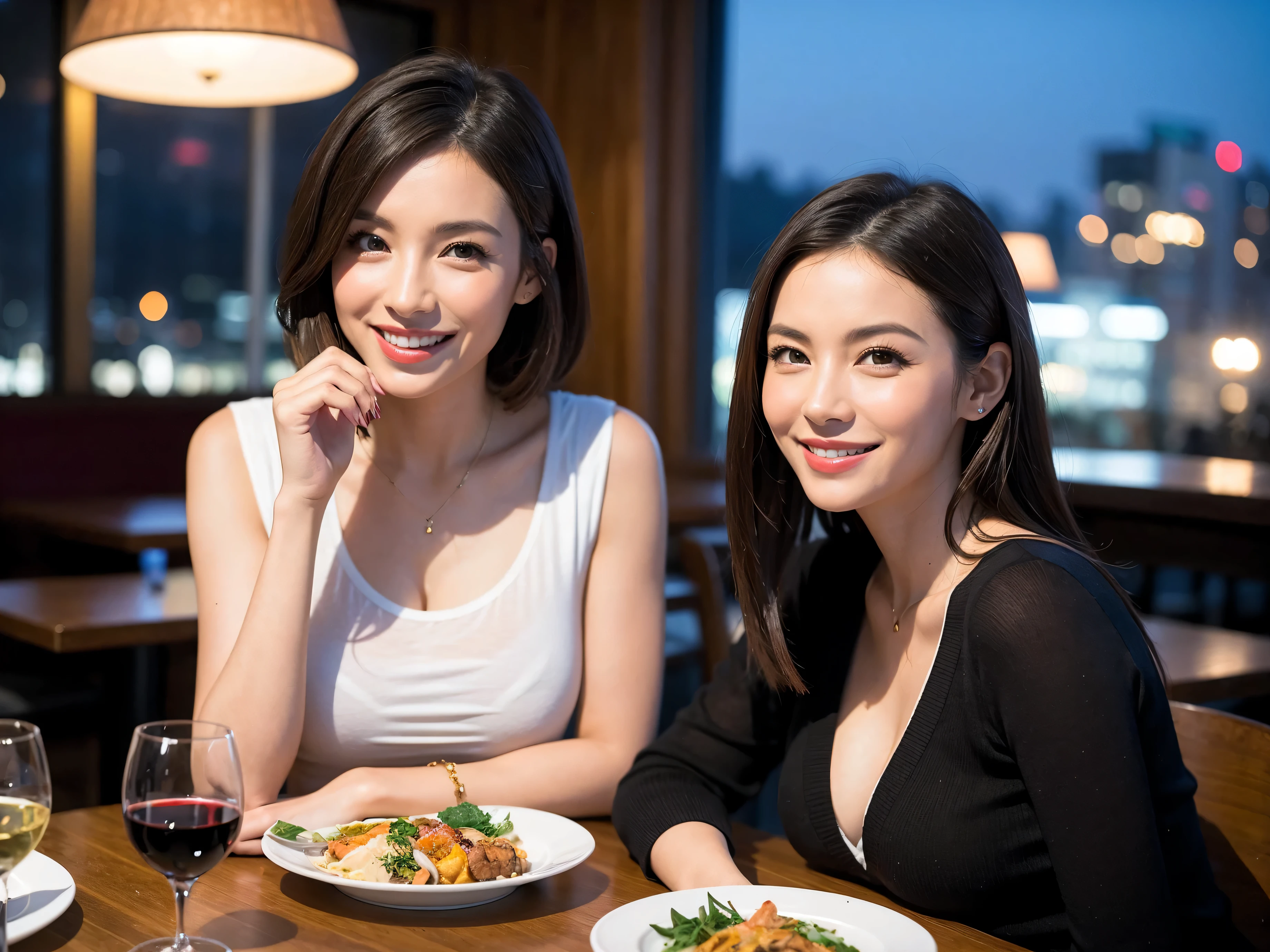 (64k uhd, nffsw, of the highest quality, masutepiece: 1.2), (Realistic, Photorealistic: 1.37), Pretty Woman 1, (Slim Face), (slimボティ), (Brown hair), (short-cut), Americana、Frenchman、cheeks blush a little, (40 years old), 38 years, Solo, A beautiful and detailed night view spreads out outside the window........., restaurant, wine glassesに座って, At night, In a prominent place (from waist up) NovaFrogStyle, actress, Model, waist-up, white wine, slim, wine glasses, Super clean night view, 真ん中に置かれたwine glasses, Happy smile, (Smile: 1.15), Beautiful fine eyes, Upper body, Bust Japan Up, Night, Short, Short, actress, Model, waist-up, white wine, slim, wine glasses, Super clean night view, 真ん中に置かれたwine glasses, Happy smile,