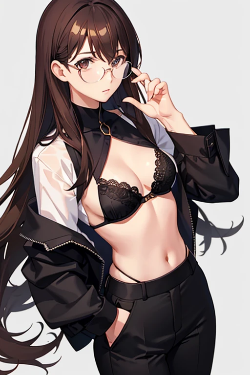 1girl, long hair, brown hair, large chest, white shirt, black pants, suit pants, glasses, anime, shear top, black bra, lace bra, removing pants