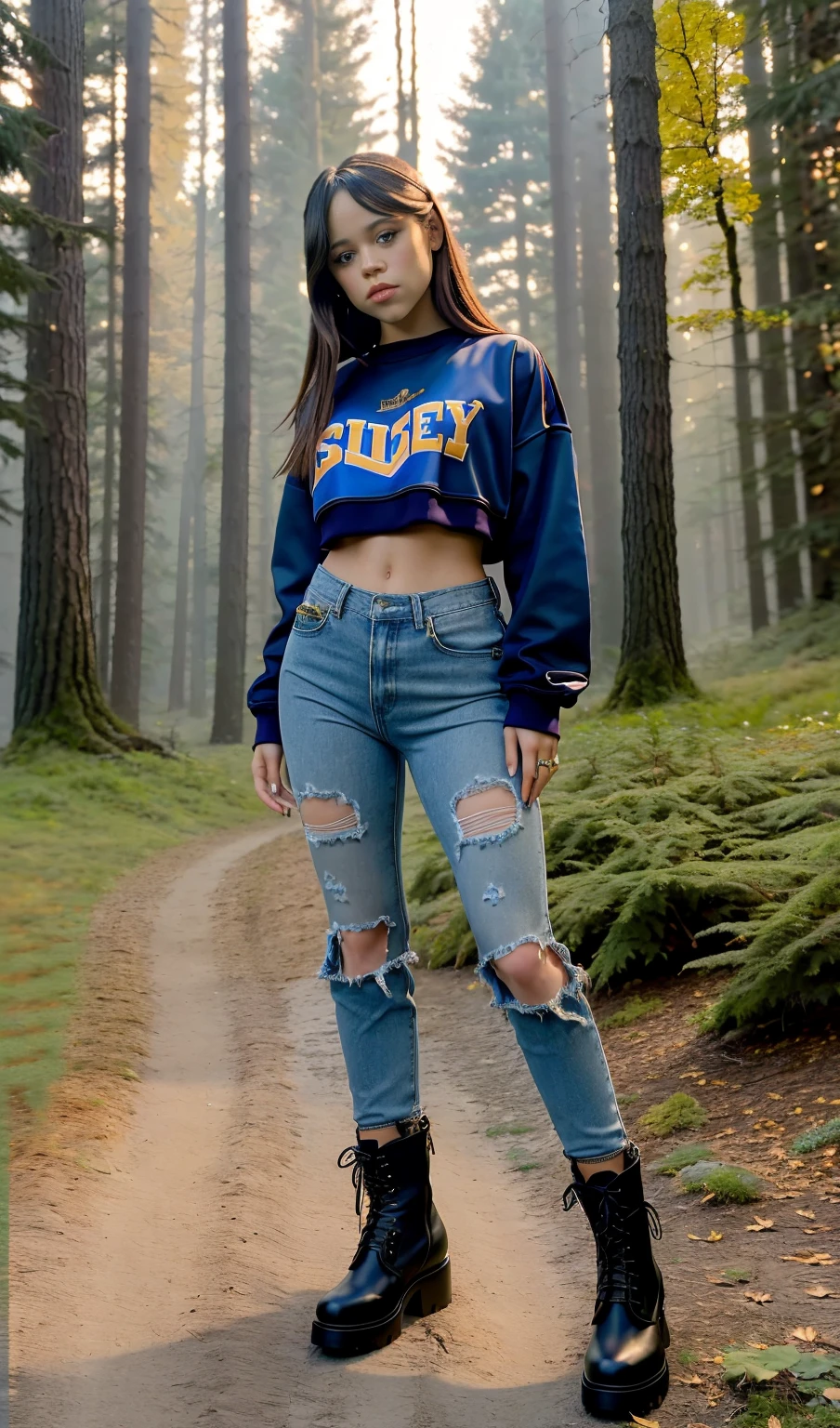 Masterpiece, stunning realistic, beste quality,sharpness,sharp face,photorealistic, photorealism, 1 girl,jenna ortega,stehend in einem Wald im Herbst,wearing an 2000s baggy outfit,every piece of clothing is far too big,boots,sexy body,straight hair,