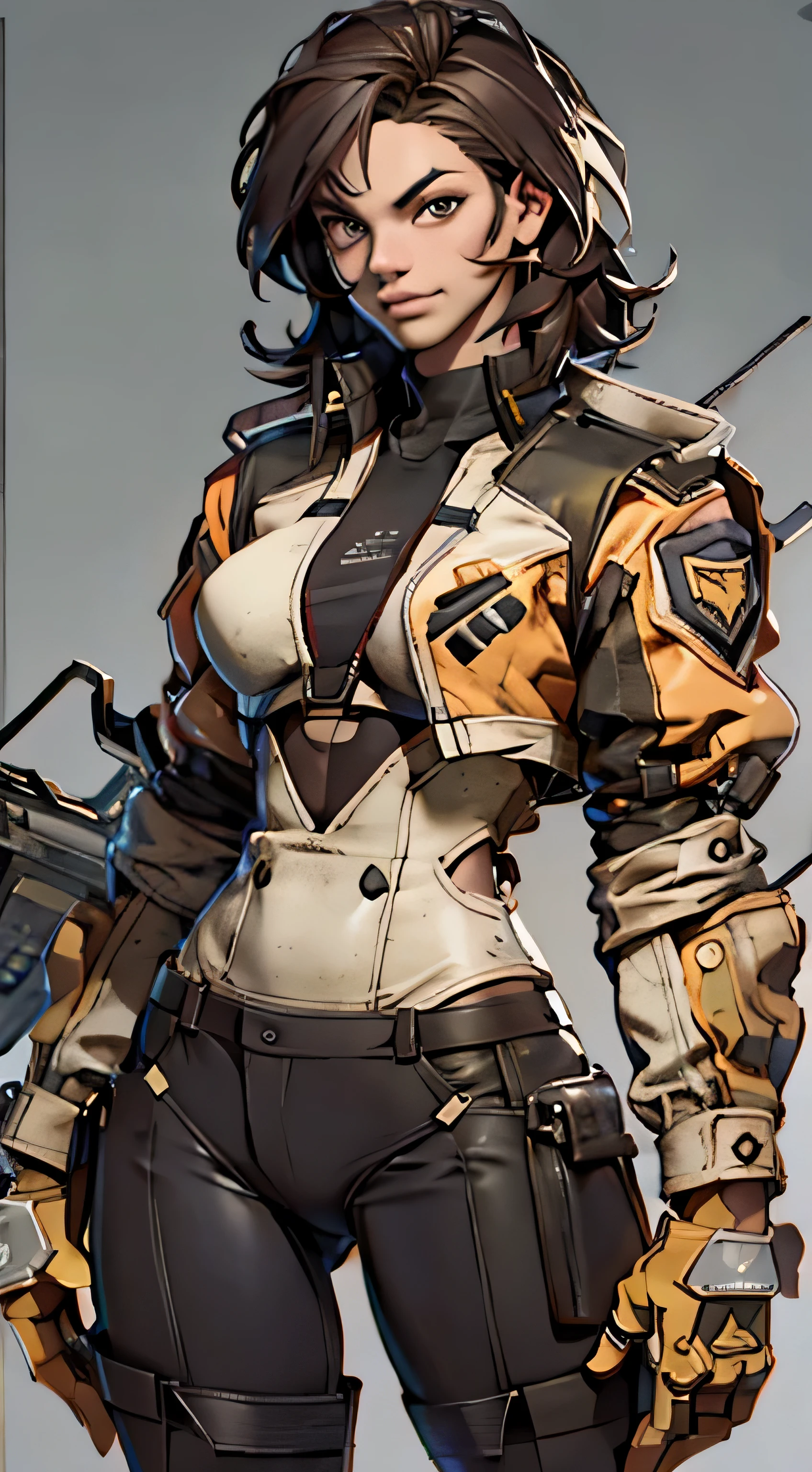 11:23(((Best quality at best: 1.4))),(Unbeatable masterpiece), (hyper HD),(Hyper-realistic 8k CG)、(dark colored hair) ((( body))), (((1 girl in))), 25-year-old American soldier with perfect body,,Beautiful and well-groomed face,muscular body:1.2,detailed solid color jacket, (Pictures from head to thighs), Complex equipment, orange colors,long trousers,The clothes inside are dark,Clothes with armored metal electronic parts, Poison tattoos )