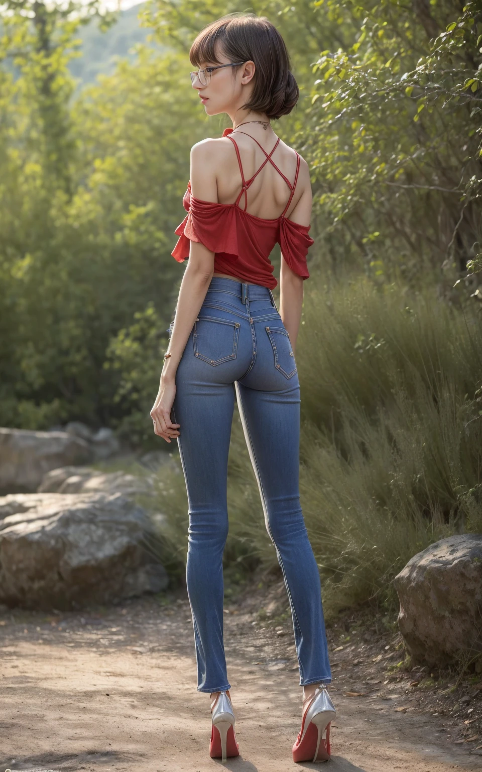 (8K, Masterpiece, RAW photo, Best quality, detail:1.3), (ultra realistic Natural background, scenary:1.5), Depth of field, Cinematic light, (ultra realistic face), (1 picture of 1 solo girl Airim Jones:1.6), 1girl, (Beautiful and elegant Russian girl), (skinny girl with glasses), (European face:1.3), (perfect complete full body:1.6), (full body shot including shoes:1.6), (perfect [frontal view|side profile|back profile]:1.5), (small necklace, collarbone:1.1), ( [bangs|pigtails|bob|pixie] hair:1.5), (ultra detailed skin:1.4), (sexy red minitop:1.5), (soft fabric miniTop:1.5), (High-Low Hem Jeans:1.6), (perfect standing pose:1.5), (perfect long legs:1.4), (low rise jeans:1.5), (low waisted jeans:1.5), (perfect shoes:1.5), (perfect feet:1.5)