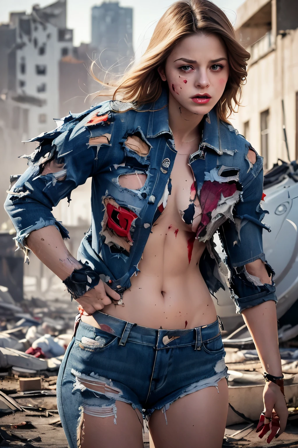 melissa Benoist, 8k, best quality, real image, intricate detail, ultra-detail, ultra-high resolution, depth field, (realistic, realistic: 1.2), masterpiece, photo 1girl, supergirl, injured, superhero, realistic, torn clothes, red kimono, (dirty, bruised, blood: 1.3), blue eyes, blonde, long hair, serious, angry, solo, (exposed torn clothes, torn clothes: 1.9), ruined city background, best quality, realistic, Realism, (complex details: 1.2), (fine details), (movie light), clear lines, sharp focus, realistic face, detailed beautiful face