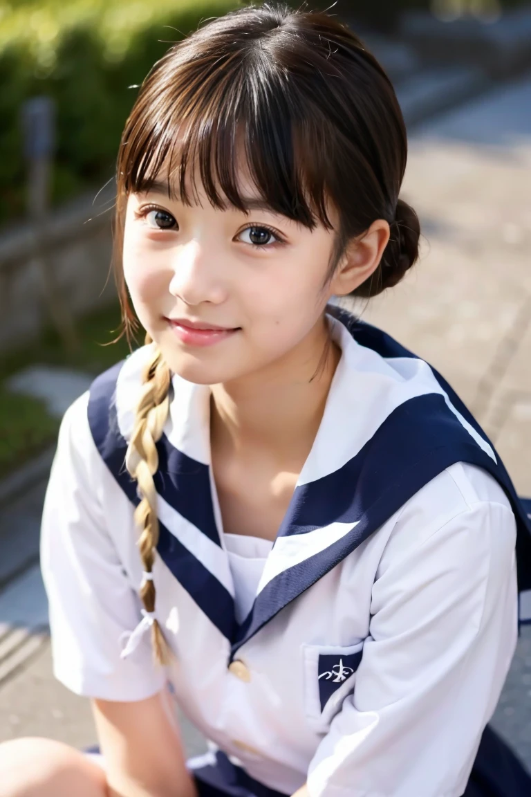 a beauty girl、sixteen years old、Japan sailor suit、short braid、pupils、
