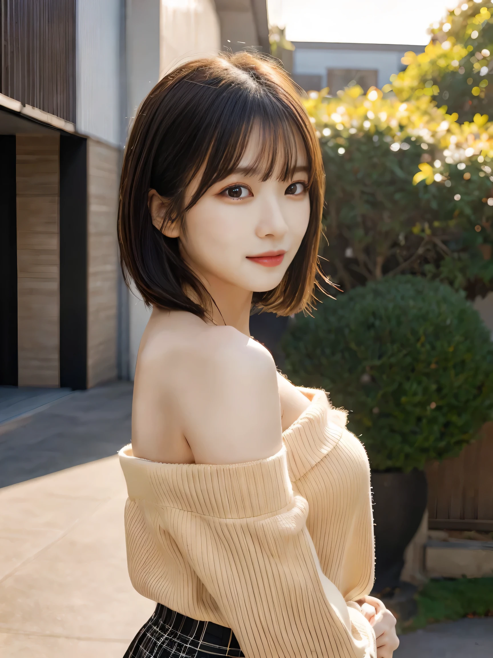 Looking at the camera、gazing at viewer, Blown by the long wind [blue-black:.3] Colossal tits、hair,Looking at Viewer, (masutepiece:1.3), (8K, Photorealistic, Raw photo, Best Quality: 1.4), Japanese, (1girl in), Beautiful face, (Realistic face), (black hair, short hair:1.3), beautiful hairstyle, Realistic eyes, Beautiful detailed eyes, (Realistic skin), Beautiful skin, Attractive, 超A high resolution, A hyper-realistic, Highly detailed, Golden ratio, Wearing a beige fluffy loose one-shoulder sweater, Standing, open stance, Model Posing, plaid skirts, Ultra-detailed, Sharp Focus, Hyper Sharp Image,
