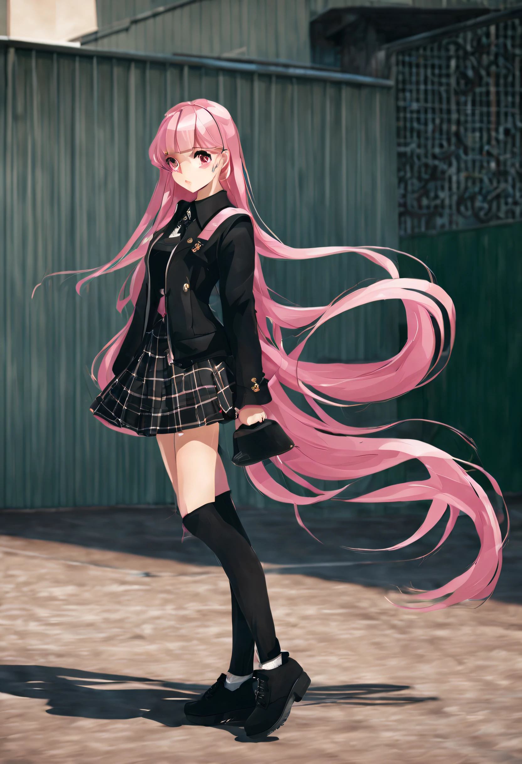 Girl with long pink hair，Wearing a black coat and plaid skirt，Stand on the school playground