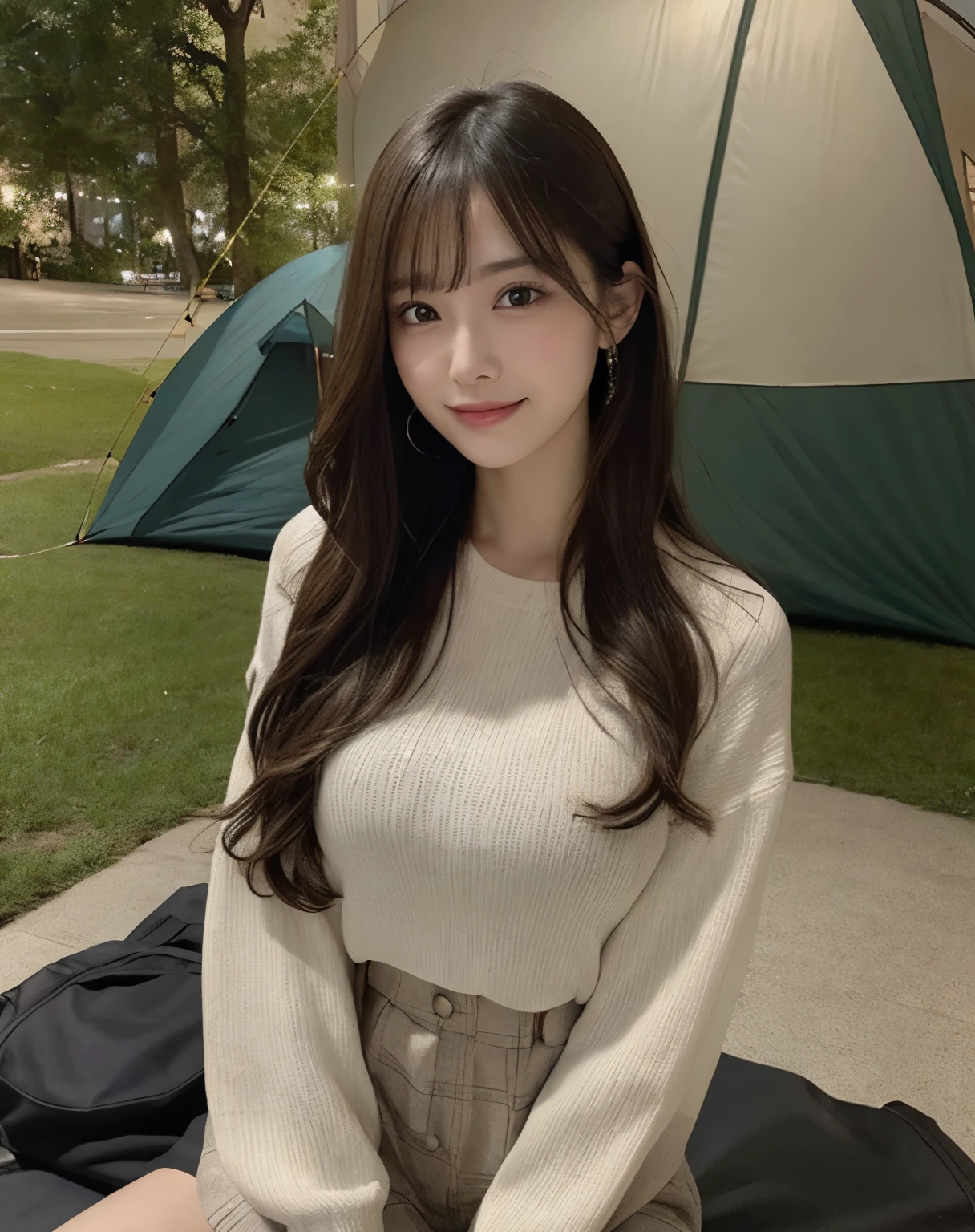 masterpiece, Best Quality, Illustration, Ultra-detailed, finely detail, high resolution, 8K Wallpaper, Perfect dynamic composition, Beautiful detailed eyes, Big breasts, Natural Color Lip, posing randomly, Smile, ((camping)), 20 years girl, full body shot, long hair, ((wearing casual outfit )), looking in front, sitting