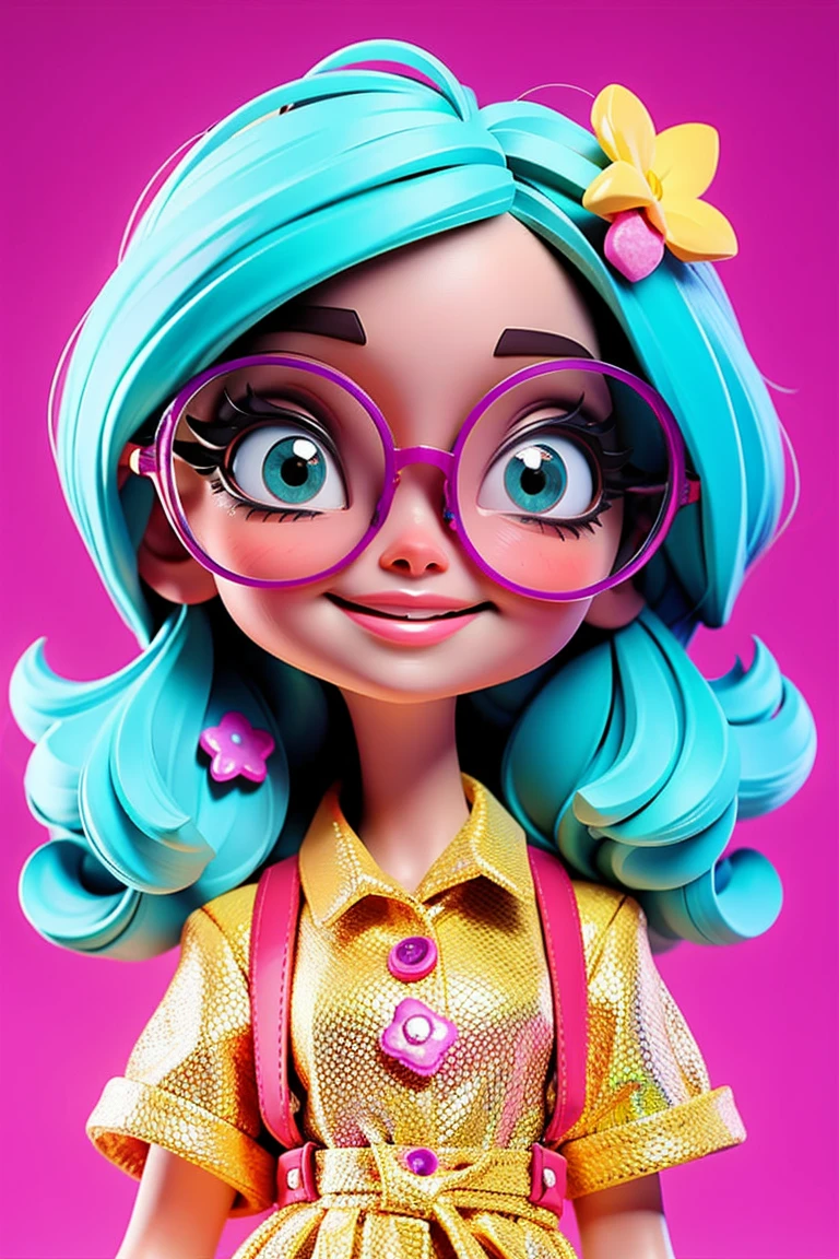 Loli cute girl, cabelo preso, cabelo solto, modern accessories , Eyeglasses, olhos detalhados, sorriso detalhados, detalhes detalhados, Holographic,  fundo claro e simples