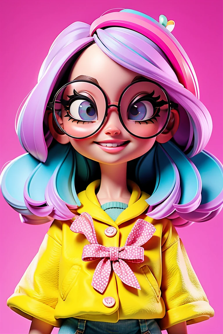 Loli cute girl, cabelo preso, cabelo solto, modern accessories , Eyeglasses, olhos detalhados, sorriso detalhados, detalhes detalhados, Holographic, fundo claro e simples