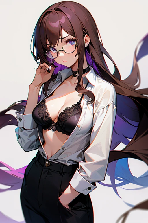 1girl, long hair, brown hair, large chest, white shirt, black pants, suit pants, glasses, anime, shear top, black bra, lace bra, purple highlights
