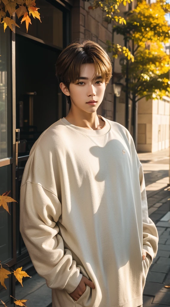 20 year old boy，Beautiful boy wearing oversized clothes, Short blonde hair, (The upper part of the body:1.2), Autumn leaves, Outdoor activities, volumettic light, Cinematic, golden time, natural  lightting, realisticlying, natural  lightting, professional DSLR camera,