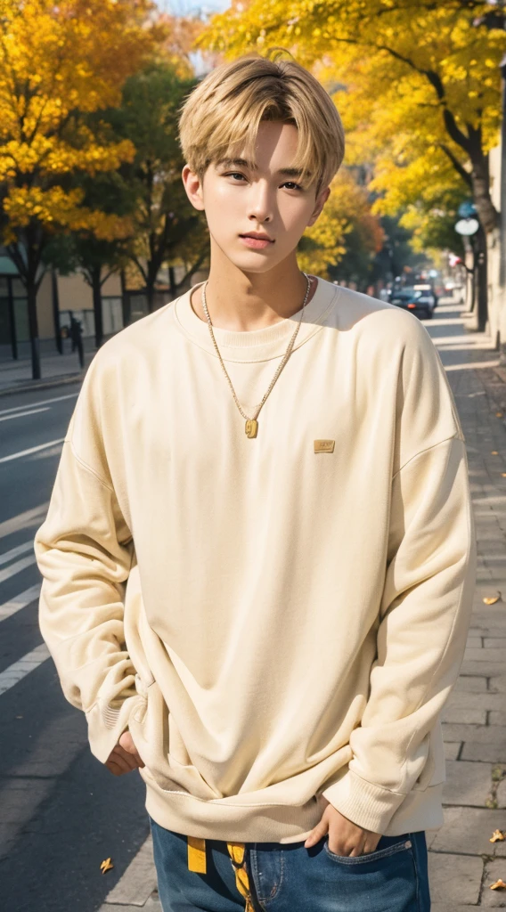 20 year old boy，Beautiful boy wearing oversized clothes, Short blonde hair, (The upper part of the body:1.2), Autumn leaves, Outdoor activities, volumettic light, Cinematic, golden time, natural  lightting, realisticlying, natural  lightting, professional DSLR camera,