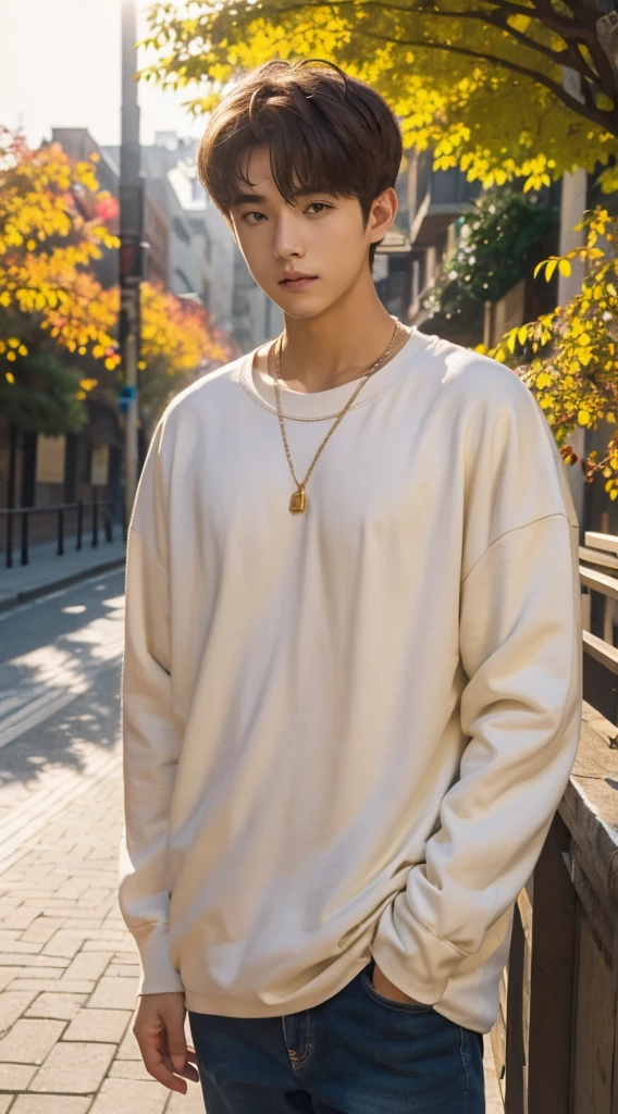 20 year old boy,Beautiful boy wearing oversized clothes, Short blonde hair, (The upper part of the body:1.2), Autumn leaves, Outdoor activities, volumettic light, Cinematic, golden time, natural lightting, realisticlying, natural lightting, professional DSLR camera,