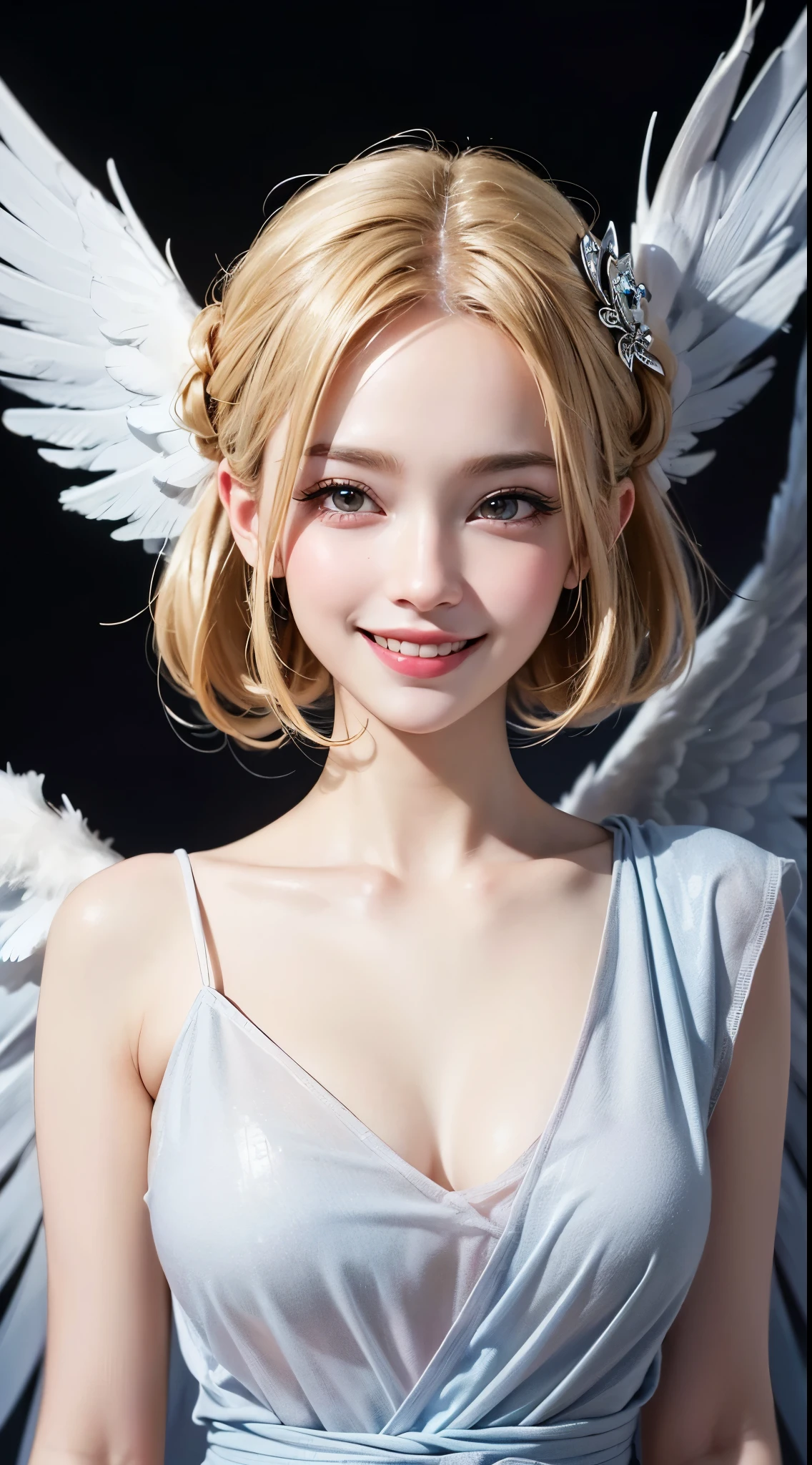 (Highest quality, 4K, 8k, High resolution, masterpiece:1.2), Very detailed, (Realistic, photoRealistic, photo-Realistic:1.37),Japanese,(Dull blonde pixie cut)woman,(Black choker:1.0)Large Breasts、Orgasm Facial、White shirt、