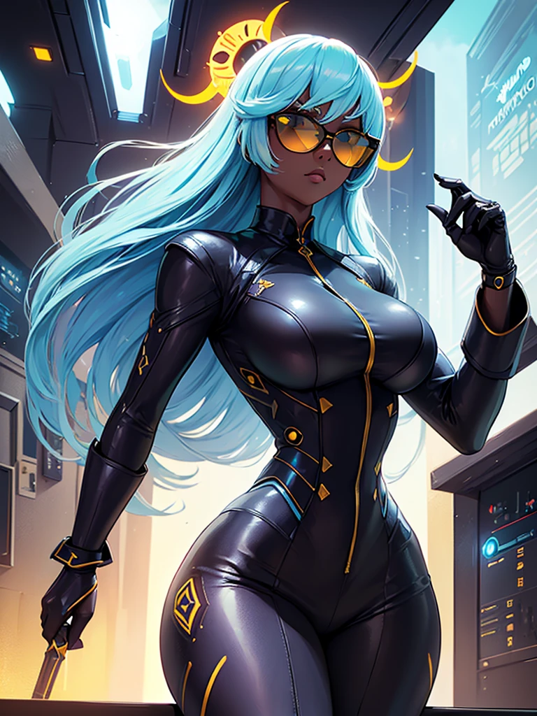 ((Best Quality)), ((Masterpiece)), (Detail: 1.4), Intricate details, Cinematic lighting, Sharp focus, Detailed face, Business woman with medium light blue hair, Yellow eyes, (Futuristic sun glasses:1.4), (Dark skin:1.4), (Black business outfit:1.5), Tall woman, (Medium breasts:1.3), Futuristic control room,