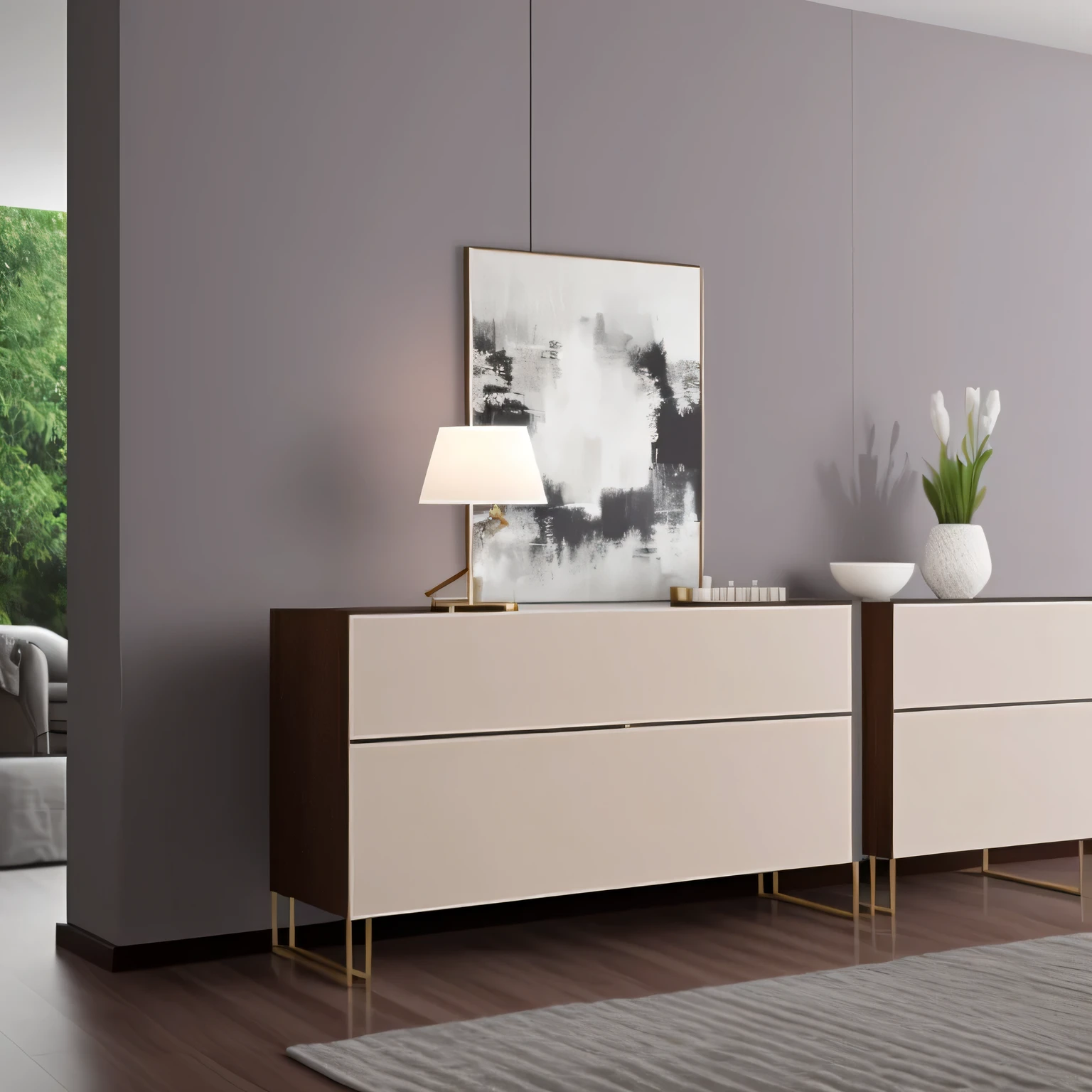 Dressing table close-up，There is a lamp on it, Modern gallery furniture, designer furniture, Decorative style,  furniture, furniture design, cabinet furniture, designer art, luxurious furniture, high quality rendering, elegant furniture, dramatic artwork, elegant rendering, stylistic furniture, draw, Taupe, two-color,  and modern, Art Mista, furniture和Decorative style