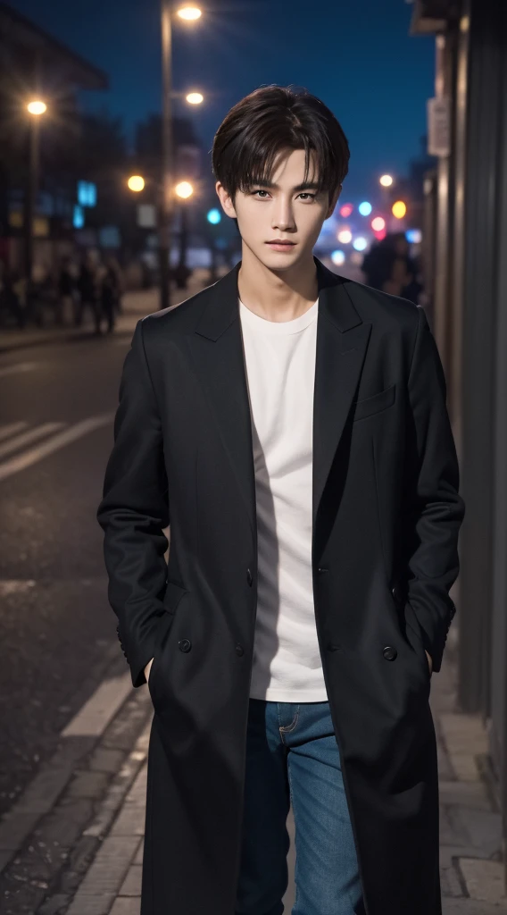 (realisticlying, tmasterpiece, 8K high-definition, Good lighting quality, sportrait, close on face, Complicated details), A handsome young Chinese boy, 18yr old, cute big breasts, Longing gaze, 详细的脸, 詳細な目, Look at the sky, Wearing a coat over a shirt, eBlue eyes, (pale-skinned), Slim figure, brunette color hair, slick hair, Hair bangs, Hair is longer, Outdoor activities, evening, As estrelas, constellation, cosmic, dreamworld, hyper realisitc, nevando
