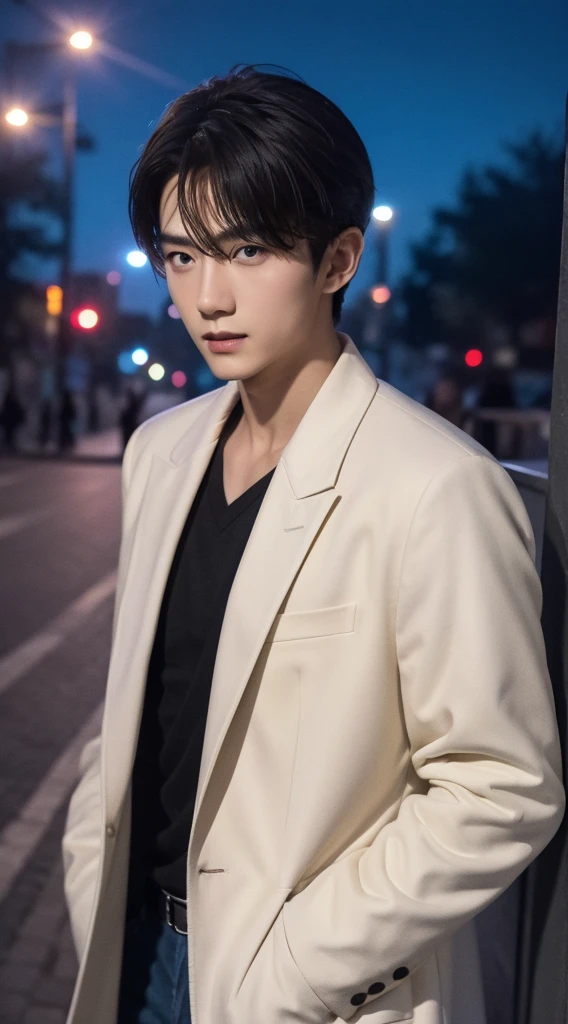 (realisticlying, tmasterpiece, 8K high-definition, Good lighting quality, sportrait, close on face, Complicated details), A handsome young Chinese boy, 18yr old, cute big breasts, Longing gaze, 详细的脸, 詳細な目, Look at the sky, Wearing a coat over a shirt, eBlue eyes, (pale-skinned), Slim figure, brunette color hair, slick hair, Hair bangs, Hair is longer, Outdoor activities, evening, As estrelas, constellation, cosmic, dreamworld, hyper realisitc, nevando