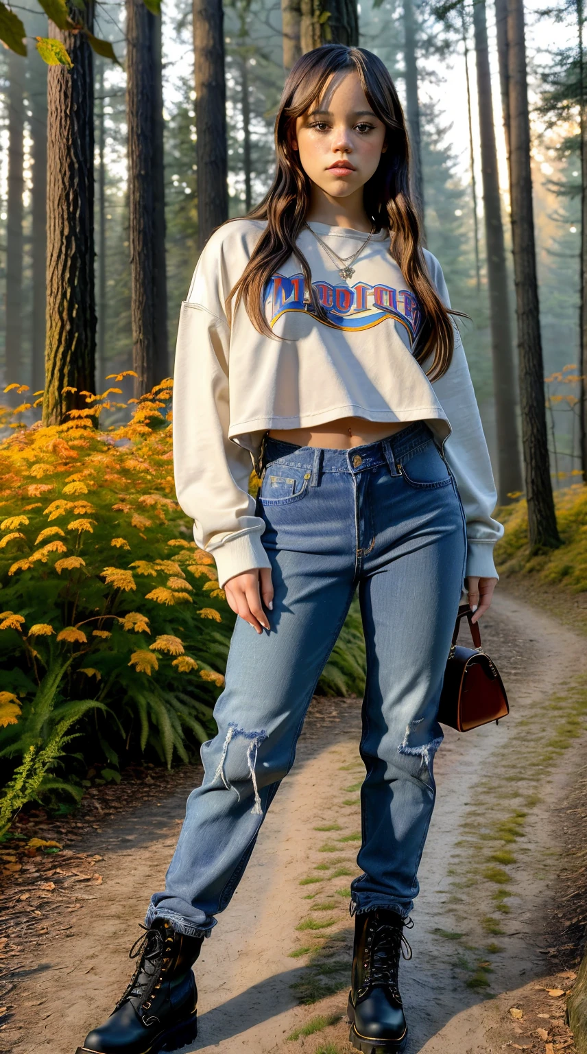 Masterpiece, stunning realistic, beste quality,sharpness,sharp face,photorealistic, photorealism, 1 girl,jenna ortega,stehend in einem Wald im Herbst,wearing an 2000s inspired baggy outfit,every piece of clothing is far too big,Jeans that are way too big,boots,sexy body,straight hair,