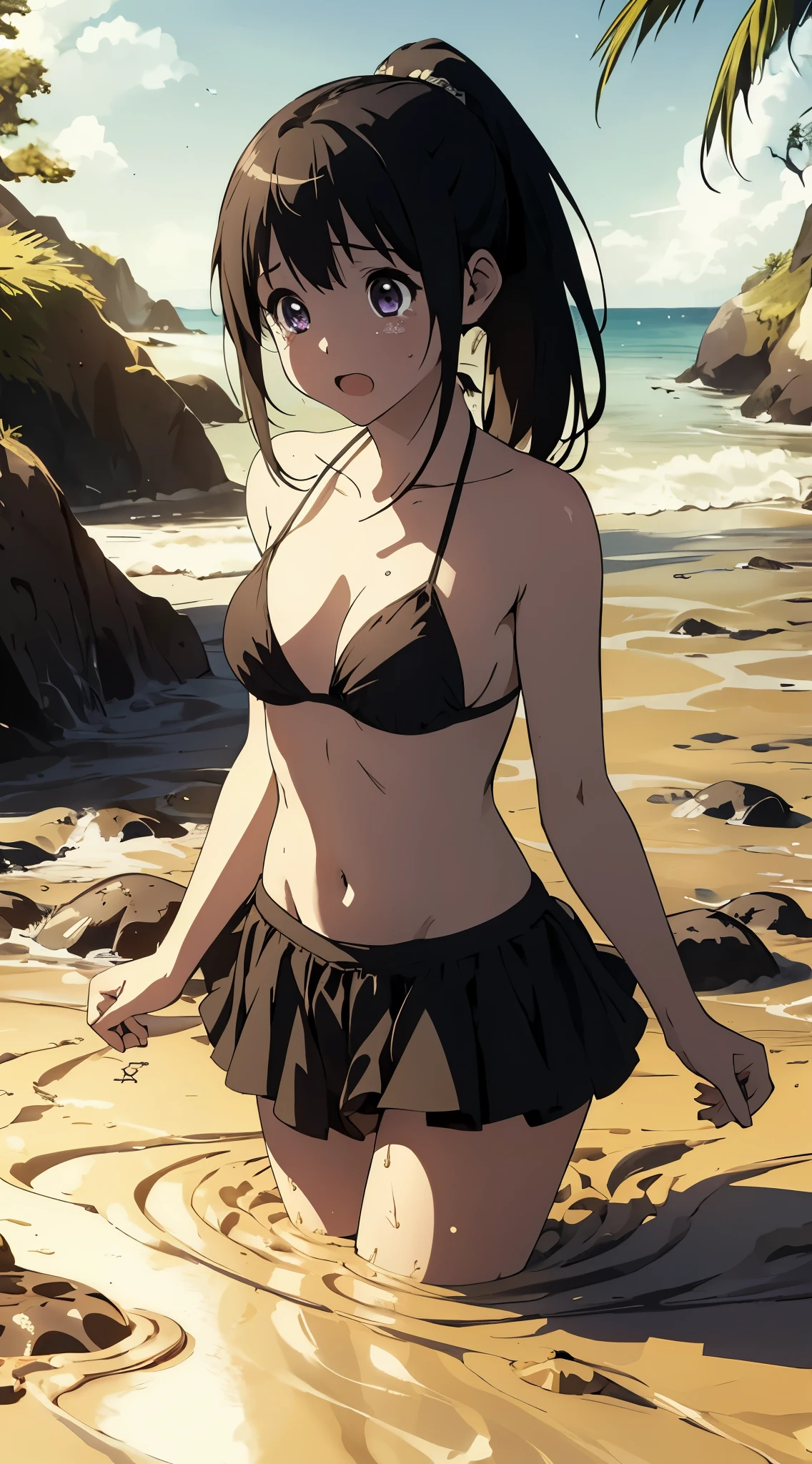 masterpiece, best quality, illustration, highly detailed, chitanda_eru, beautiful detailed eyes, natural lighting, beach, (quicksand:1.4), bikini, bikini skirt, tears, crying, ponytail