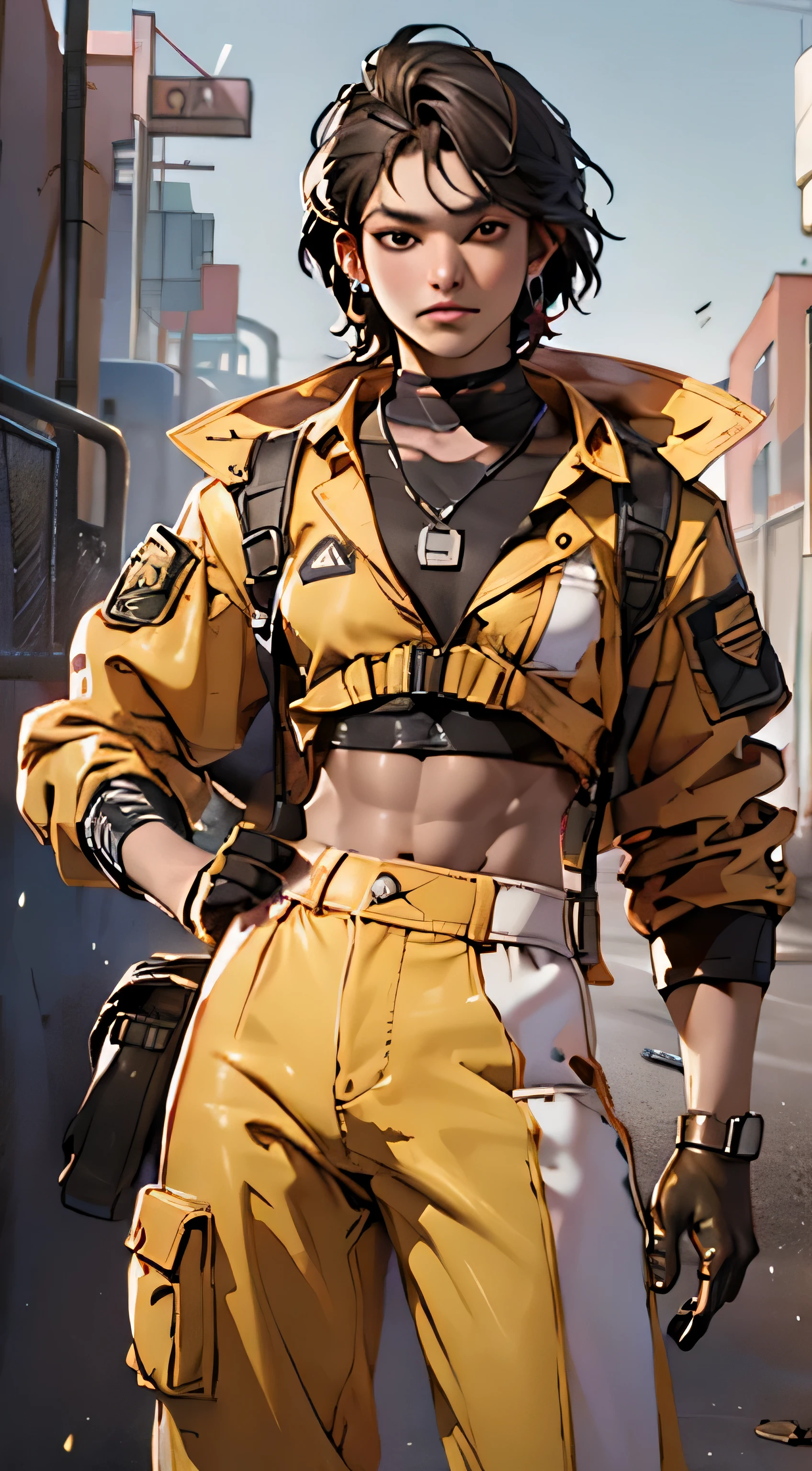 11:23(((Best quality: 1.4))),(Unbeatable masterpiece), (hyper HD),(Hyper-realistic 8k CG)、(dark colored hair) ((( body))), (((1 girl in))), 25-year-old American soldier with perfect body,,Beautiful and well groomed face,muscular body:1.2,detailed solid color jacket, (Pictures from head to thighs), Complex equipment, Orange coat,long trousers,The clothes inside are dark,Clothes with armored metal electronic parts, Poison tattoos )