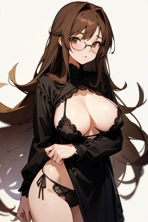1girl, long hair, brown hair, large chest, black panties, glasses, anime, no bra, lace panties