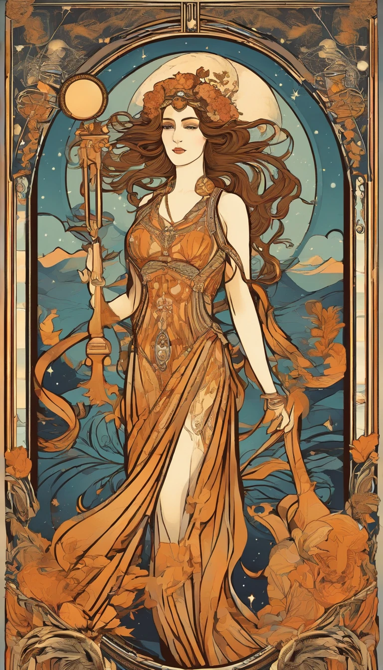 A beautiful illustration with a frame like a tarot card,goddess of fire, leo,astrology,Clouds on the background of the goddess, Beautiful illustrations inspired by Alphonse Mucha&#39;s zodiac signs,jugendstil, Stars and Moon in the Sky