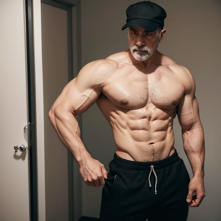 51 age, muscular male body hunk wearing black pant cristmas cap shirtless