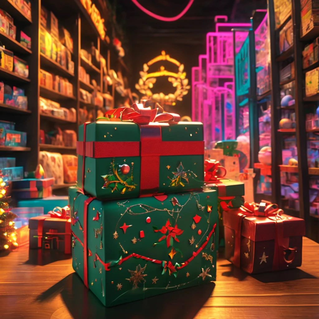 (((1件传统和未来融合的Christmas gifts))),(cyberpunk gifts),(Christmas gifts、glowing gift)、Gifts in the cyberpunk room、(future gift、Packaging of the future)、Gifts in the neon room、gift with luminous pattern、Gift wrapped in cyberpunk style、future gift、Christmas present,(未来和传统的Christmas gifts元素无缝融合,Seamless blend of old and new),No Man,filigree的细节,elegant and charming,highly detailed,unreal-engine,rendering by octane,CGI,naturey,Pubic area is clear,filigree,smoothness,gentlesoftlighting,(concept-art,hyper HD,art station antasyart,epic look at your scene,Intricate patterns,Complicated details,超filigree的绘画,physically-based renderingt,Extremely detailed description,professional,hyper realisitc,beyond human imagination,spectacular lighting,Art station popular,unreal-engine,Global,Best quality,8K,A high resolution,tmasterpiece,ultra - detailed,realistically,1.4x more realism)