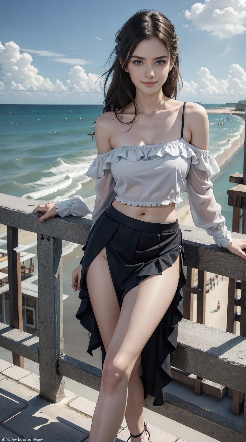 24-year-old Caucasian woman、Hair is brunette、Eye color is blue、Medium hair、Slender but well-proportioned muscular man、She is wearing an off-shoulder top with frilly frills.、She is wearing a low-rise pleated skirt.、Wearing sandals、Leaning on the railing at the seaside park in town、a smile
