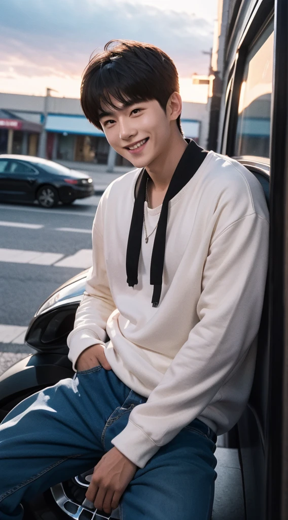 realisticlying, tmasterpiece, 8K high-definition, Good lighting quality, sportrait, close on face, Complicated details), a handsome korean young man, young ************, cute big breasts, Happy, Smile brightly, 详细的脸, 詳細な目, Look at the sky, Wear casual clothing, Black colored eyes, brunette color hair, slick hair, Hair bangs, Outdoor activities, sunraise, dreamworld, hyper realisitc, Ethereal