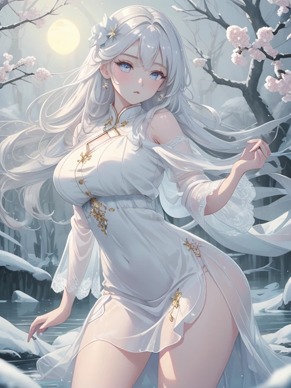 Paradise in Heaven, White lighting,(masutepiece), (Best Quality), (Cinematic), 8K, (art  stations), Li Yue painting style.(長いWhite hairとSilvery eyesを持つ1人の女), (Beautiful delicate face)、[ Particle Lou Full Moon] [Frozen trees々] [landscape crystal] [Lighting] [Ethereal Atmosphere]:1.1] [Fantasy, short story] [soft Lighting] [+Cinematic shot]:1.2 [+art  stations] [+luminous white background] [+soft Lighting] [soft glow] [Creative and dynamic angles]:1.3, [+Crystal Toning] 、masutepiece, ighly detailed, Ultra-detailed, Solo, (pale skin), Silvery eyes, White hair, (snowy background), (snowflake rosen flower:1.0), (shining crystal),, (Snowy ground), (White lashes), Female sexy、dreamy and detailed, Gorgeous setting, 妖しい雰囲気 masutepiece, The most beautiful scenes, An majestic、(((full of white flowers)))、quiet and serene atmosphere、A charming, all white tones,Inside the crystal library,Transparent flowers and falling snow，Many white roses are planted,(flowingwater,falls,water bloom),The decoration is also carefully done.,Dreamy（ighly detailedです，Creative Design，crisp and precise lines，K HD，best qualtiy，tmasterpiece，超hight resolution，4K）、Diverse poses、((beautiful white flower hair ornament))、Beautiful hairstyle、(Best Quality, 4K, 8K, hight resolution, masutepiece:1.2), Ultra-detailed, Detailed expression, Graceful posture, expressive brush strokes, mystic atmosphere, artistic interpretation,Delicate floral jewelry， (((Detailed design、Beautiful lace translucent dress、see-through small dress)))、(SFW:1.5), (Oversized breasts, best body proportions, proportions of large breasts,:1.5),(white decoration on thigh)、((Beautiful crystal accessories on the legs))。((Beautiful crystal accessories on the arm))、(((maikurobikini)))