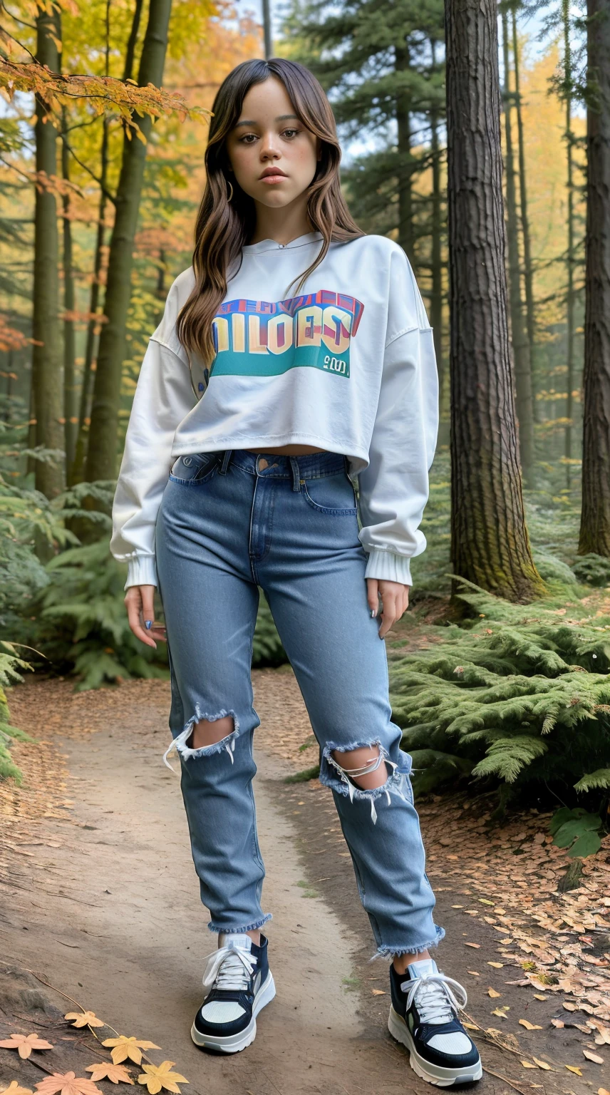 Masterpiece, stunning realistic, beste quality,sharpness,sharp face,photorealistic, photorealism, 1 girl,jenna ortega,stehend in einem Wald im Herbst,wearing an 2000s inspired baggy outfit,every piece of clothing is far too big,Jeans that are way too big,white sneaker,sexy body,straight hair,