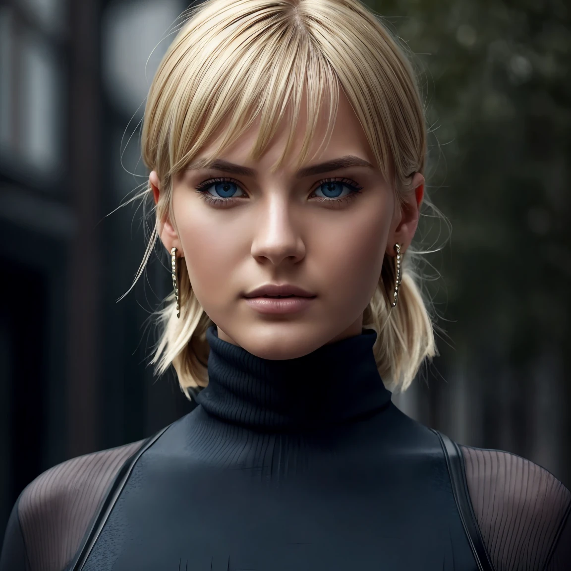 full body, Slender, young, short blonde hair, blue eyes, in town, natural skin texture, 24mm, 4K textures, soft cinematic light, RAW photography, photorealistic, photorealistic, complex, elegant, highly detailed, sharp focus, (((cinematic look))), calm Tone, Insane Detail, Complex Detail, Ultra Detail, High Contrast, Soft Cinematic Light, Dim Colors, Exposure Blending, HDR, Faded, Cold, Waist Thin, Well-Proportioned, (8k, 4k, Top Quality, Hi-Res: 1.1), (Realistic, Photorealistic: 1.1), Girl 1 People, Solo, Face, Twin Tails, Blonde Hair, Bangs, Long Hair, Necklace, Earrings, Lips, Eye Shadow, Jewelry, (Viewer Looking For: 1.8), Spaghetti Straps, Detail, High Contrast, from_side, srfc, stunning complex full color portrait, wearing black turtleneck, spectacular character composition, by Ilya Kubushinov, Alessio Albi, Nina Masic, sharp focus, natural light, sub-surface scatter, f2, 35mm, film grain