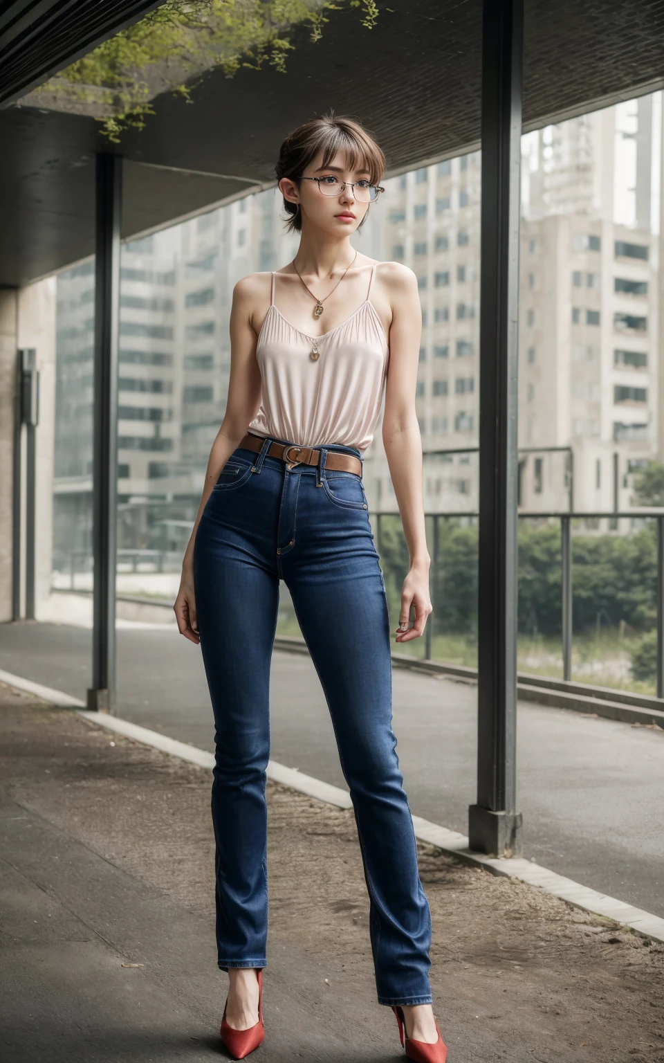 (8K, Masterpiece, RAW photo, Best quality, detail:1.3), (ultra realistic Natural background, scenary:1.5), Depth of field, Cinematic light, (ultra realistic face), (1 picture of 1 solo girl Airim Jones:1.6), 1girl, (Beautiful and elegant Russian girl), (skinny girl with glasses), (European face:1.3), (perfect complete full body:1.6), (full body shot including shoes:1.6), (perfect [frontal view|side profile|back profile]:1.5), (small necklace, collarbone:1.1), ( [bangs|pigtails|bob|pixie] hair:1.5), (ultra detailed skin:1.4), (sexy red minitop:1.5), (soft fabric miniTop:1.5), (High-Rise Jeans:1.6), (perfect standing pose:1.5), (perfect long legs:1.4), (perfect shoes:1.5), (perfect feet:1.5)