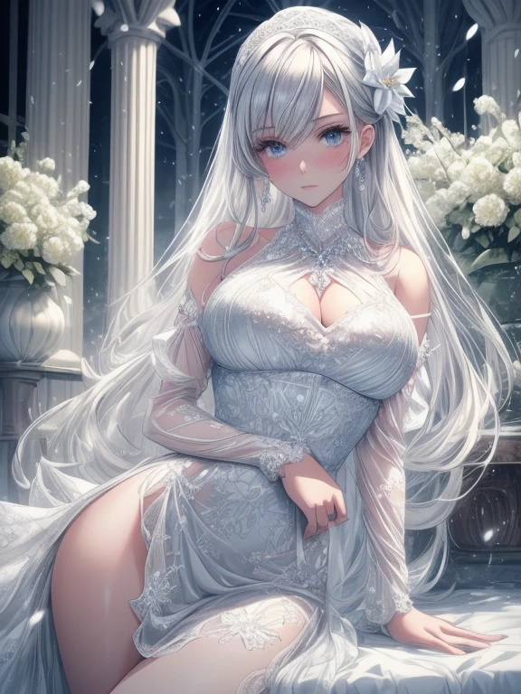 Paradise in Heaven, White lighting,(masutepiece), (Best Quality), (Cinematic), 8K, (art  stations), Li Yue painting style.(長いWhite hairとSilvery eyesを持つ1人の女), (Beautiful delicate face)、[ Particle Lou Full Moon] [Frozen trees々] [landscape crystal] [Lighting] [Ethereal Atmosphere]:1.1] [Fantasy, short story] [soft Lighting] [+Cinematic shot]:1.2 [+art  stations] [+luminous white background] [+soft Lighting] [soft glow] [Creative and dynamic angles]:1.3, [+Crystal Toning] 、masutepiece, ighly detailed, Ultra-detailed, Solo, (pale skin), Silvery eyes, White hair, (snowy background), (snowflake rosen flower:1.0), (shining crystal),, (Snowy ground), (White lashes), Female sexy、dreamy and detailed, Gorgeous setting, 妖しい雰囲気 masutepiece, The most beautiful scenes, An majestic、(((full of white flowers)))、quiet and serene atmosphere、A charming, all white tones,Inside the crystal library,Transparent flowers and falling snow，Many white roses are planted,(flowingwater,falls,water bloom),The decoration is also carefully done.,Dreamy（ighly detailedです，Creative Design，crisp and precise lines，K HD，best qualtiy，tmasterpiece，超hight resolution，4K）、Diverse poses、((beautiful white flower hair ornament))、Beautiful hairstyle、(Best Quality, 4K, 8K, hight resolution, masutepiece:1.2), Ultra-detailed, Detailed expression, Graceful posture, expressive brush strokes, mystic atmosphere, artistic interpretation,Delicate floral jewelry， (((Detailed design、Beautiful lace translucent dress、see-through small dress)))、(SFW:1.5), (Oversized breasts, best body proportions, proportions of large breasts,:1.5),(white decoration on thigh)、((beautiful decorations on the legs))。((beautiful decoration on the arm))