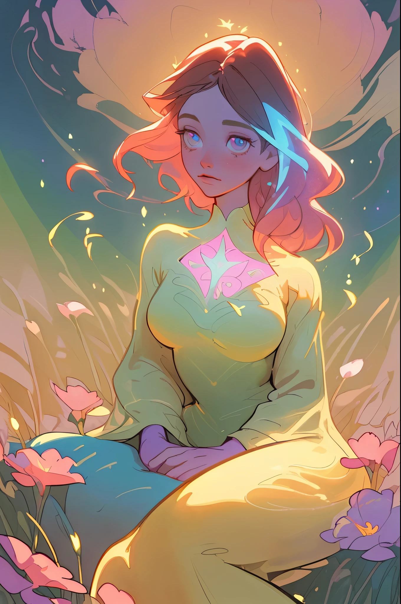 beautiful girl in a flowing dress, long flowing dark hair, beautiful girl sitting in a field of Flowers, Meadow landscape, Flower field background, Flowers, bright pastel colors, (Colorful), Magical lights, Sparkling Lines of Light, inspired Glen Keane, inspired lois van baarle, disney art style, lois van baarle, A glowing aura around her, Glen Keane, jen bartel, glowing lights! Digital Painting, Loose glowing hair, Glowing flowing hair, beautiful digital illustration, Background of Fantasia, whimsical, Magical, Fantasy, beatiful face, ((Masterpiece, Best Quality)), intricate details, Highly detailed, sharp-focus, 8K resolution, Sparkling, detailed eyes, Liquid Watercolor