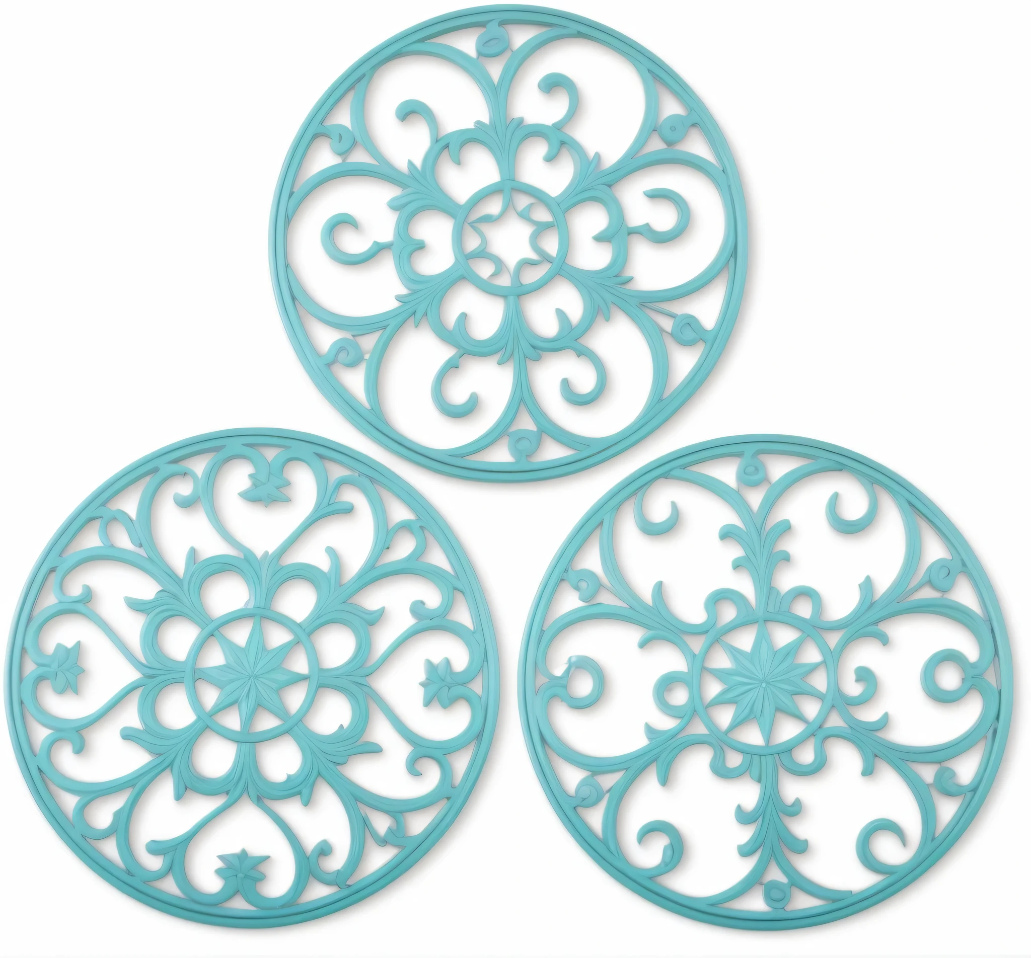 三块带有圆形图案的蓝色Decorative panels, scroll, large motifs, intricate scroll, filigrees, Set 1 8 6 0, 复杂的filigrees, filigrees intricate details, wrought iron, detailed filigrees, swirles, filigrees ornaments, Complex design, intricate filigrees, Decorative panels, Spiral design, medal