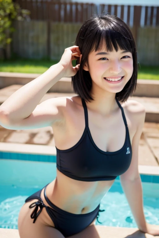 top-quality、masterpiece、real 18 year old woman、Black School Swimsuit、(Left hand behind the head)、Bathroom、Bath in the background、Short black hair、a smile、hight resolution、