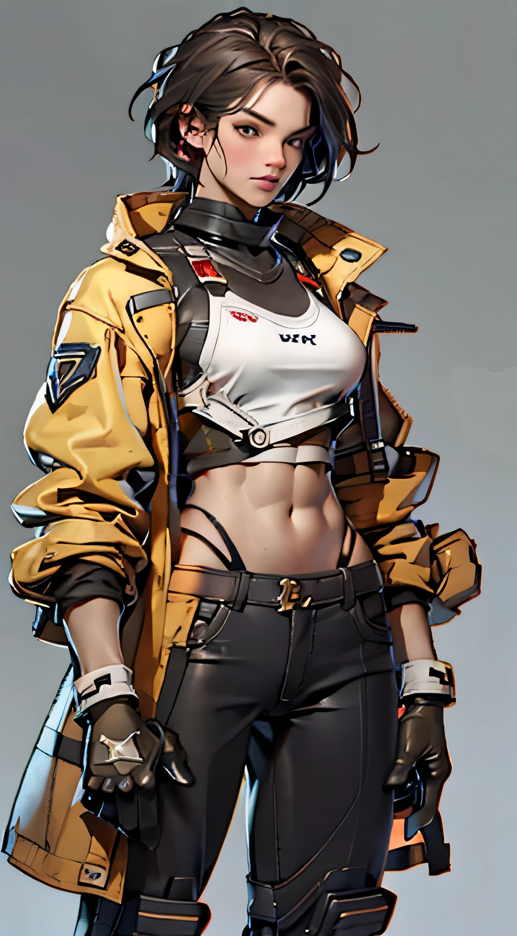 11:23(((Best quality at best: 1.4))),(Unbeatable masterpiece), (hyper HD),(Hyper-realistic 8k CG)、（dark colored hair） ((( body))), (((1 girl in))), 25-year-old American soldier with perfect body,,Beautiful and well-groomed face,muscular body:1.2,detailed solid color jacket, (Pictures from head to thighs)， Complex equipment, orange colors，long trousers，The clothes inside are dark，Clothes with armored metal electronic parts, Poison tattoos )