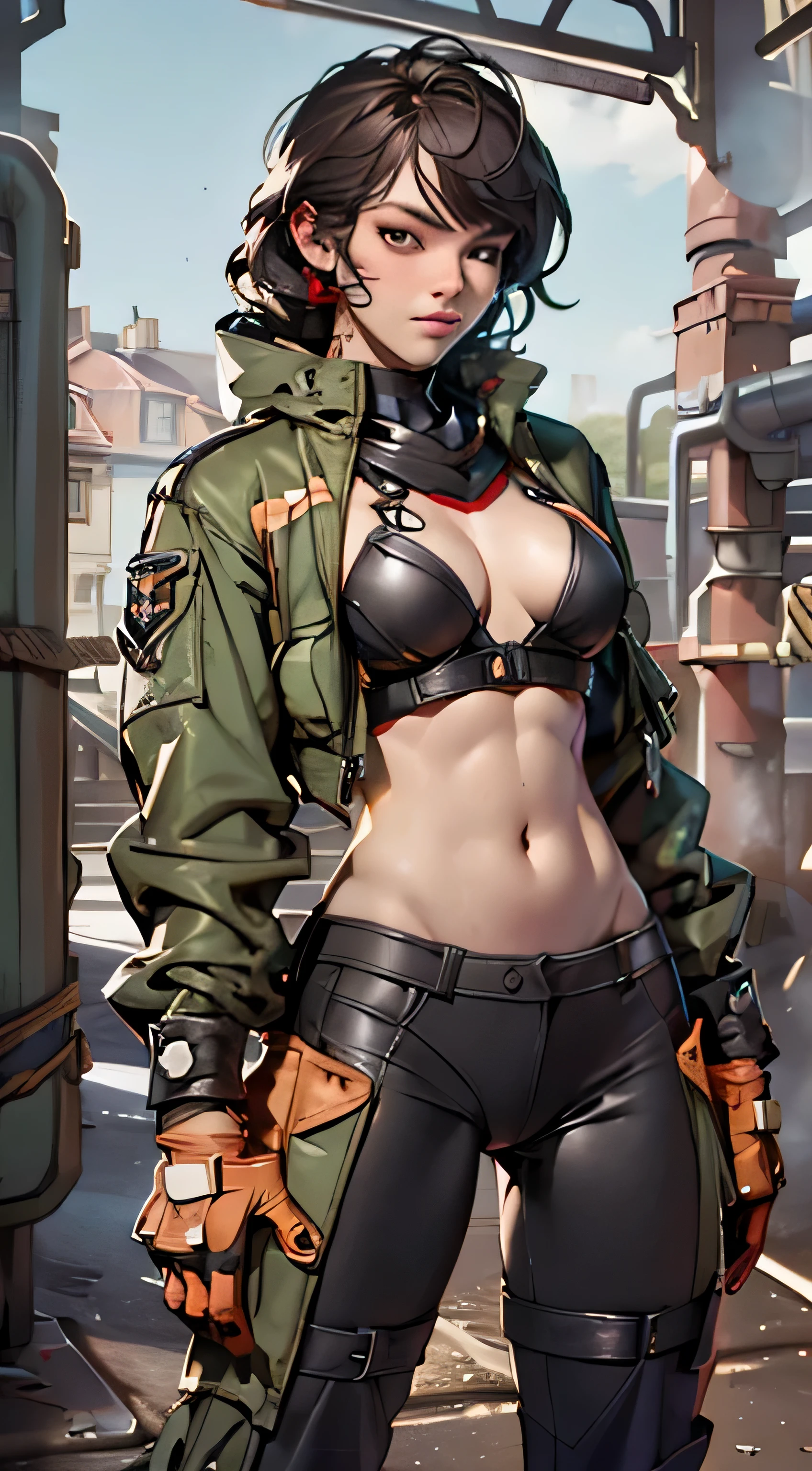 11:23(((Best quality at best: 1.4))),(Unbeatable masterpiece), (hyper HD),(Hyper-realistic 8k CG)、(dark colored hair) ((( body))), (((1 girl in))), 25-year-old American soldier with perfect body,,Beautiful and well-groomed face,muscular body:1.2,detailed solid color jacket, (Pictures from head to thighs), Complex equipment, Orange coat,long trousers,The clothes inside are dark,Clothes with armored metal electronic parts, Poison tattoos )