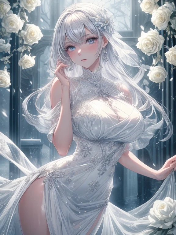 Paradise in Heaven, White lighting,(masutepiece), (Best Quality), (Cinematic), 8K, (art  stations), Li Yue painting style.(長いWhite hairとSilvery eyesを持つ1人の女), (Beautiful delicate face)、[ Particle Lou Full Moon] [Frozen trees々] [landscape crystal] [Lighting] [Ethereal Atmosphere]:1.1] [Fantasy, short story] [soft Lighting] [+Cinematic shot]:1.2 [+art  stations] [+luminous white background] [+soft Lighting] [soft glow] [Creative and dynamic angles]:1.3, [+Crystal Toning] 、masutepiece, ighly detailed, Ultra-detailed, Solo, (pale skin), Silvery eyes, White hair, (snowy background), (snowflake rosen flower:1.0), (shining crystal),, (Snowy ground), (White lashes), Female sexy、dreamy and detailed, Gorgeous setting, 妖しい雰囲気 masutepiece, The most beautiful scenes, An majestic、(((full of white flowers)))、quiet and serene atmosphere、A charming, all white tones,Inside the crystal library,Transparent flowers and falling snow，Many white roses are planted,(flowingwater,falls,water bloom),The decoration is also carefully done.,Dreamy（ighly detailedです，Creative Design，crisp and precise lines，K HD，best qualtiy，tmasterpiece，超hight resolution，4K）、Diverse poses、((beautiful white flower hair ornament))、Beautiful hairstyle、(Best Quality, 4K, 8K, hight resolution, masutepiece:1.2), Ultra-detailed, Detailed expression, Graceful posture, expressive brush strokes, mystic atmosphere, artistic interpretation,Delicate floral jewelry， (((Detailed design、Beautiful lace translucent dress、see-through small dress)))、(SFW:1.5), (Oversized breasts, best body proportions, proportions of large breasts,:1.5),(white decoration on thigh)、((Beautiful crystal accessories on the legs))。((Beautiful crystal accessories on the arm))