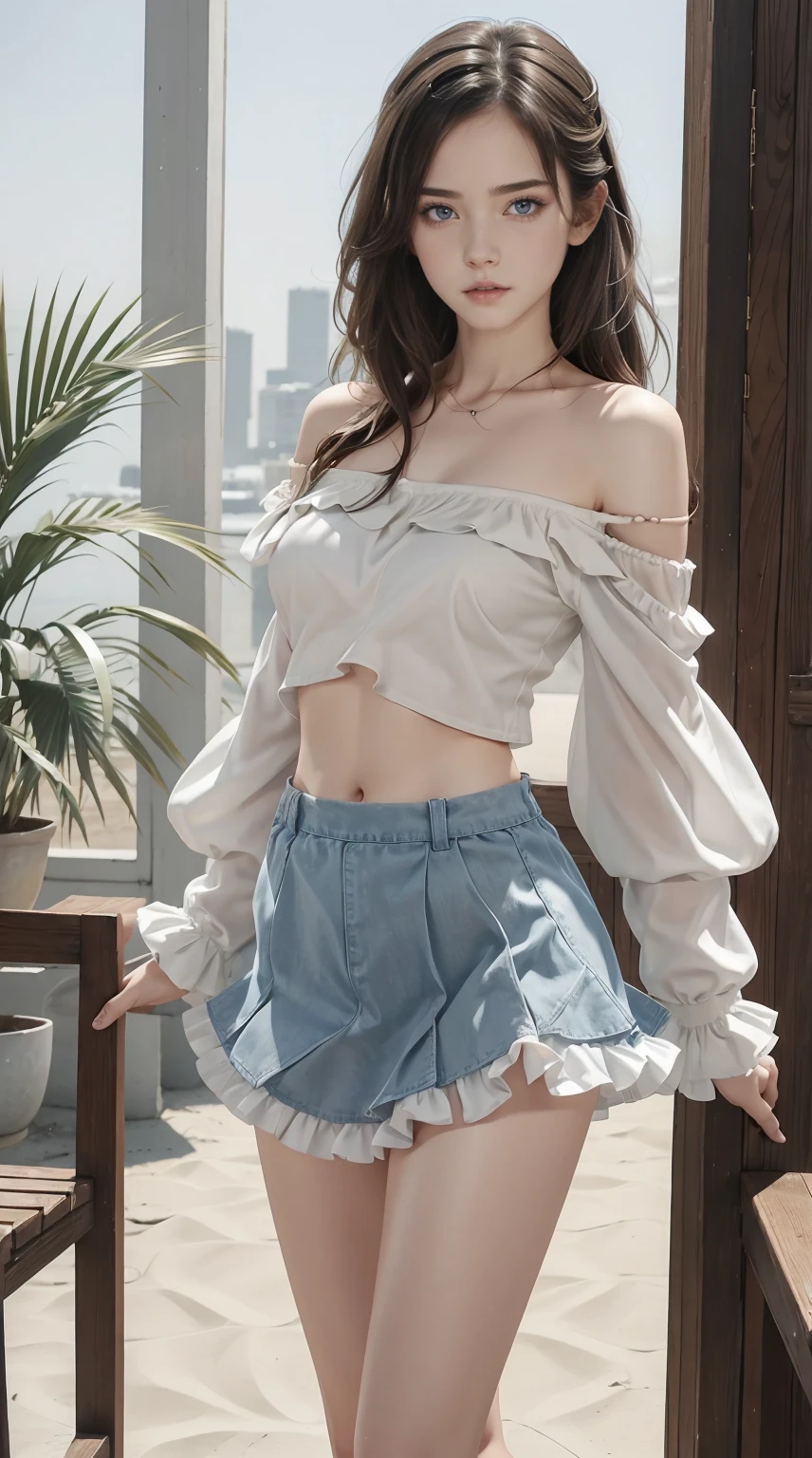 4 year old white female、Hair is brunette、Eye color is blue、Medium hair、Slender but well-proportioned muscular man、She is wearing an off-shoulder top with frilly frills.、She is wearing a low-rise pleated skirt.、Sanda