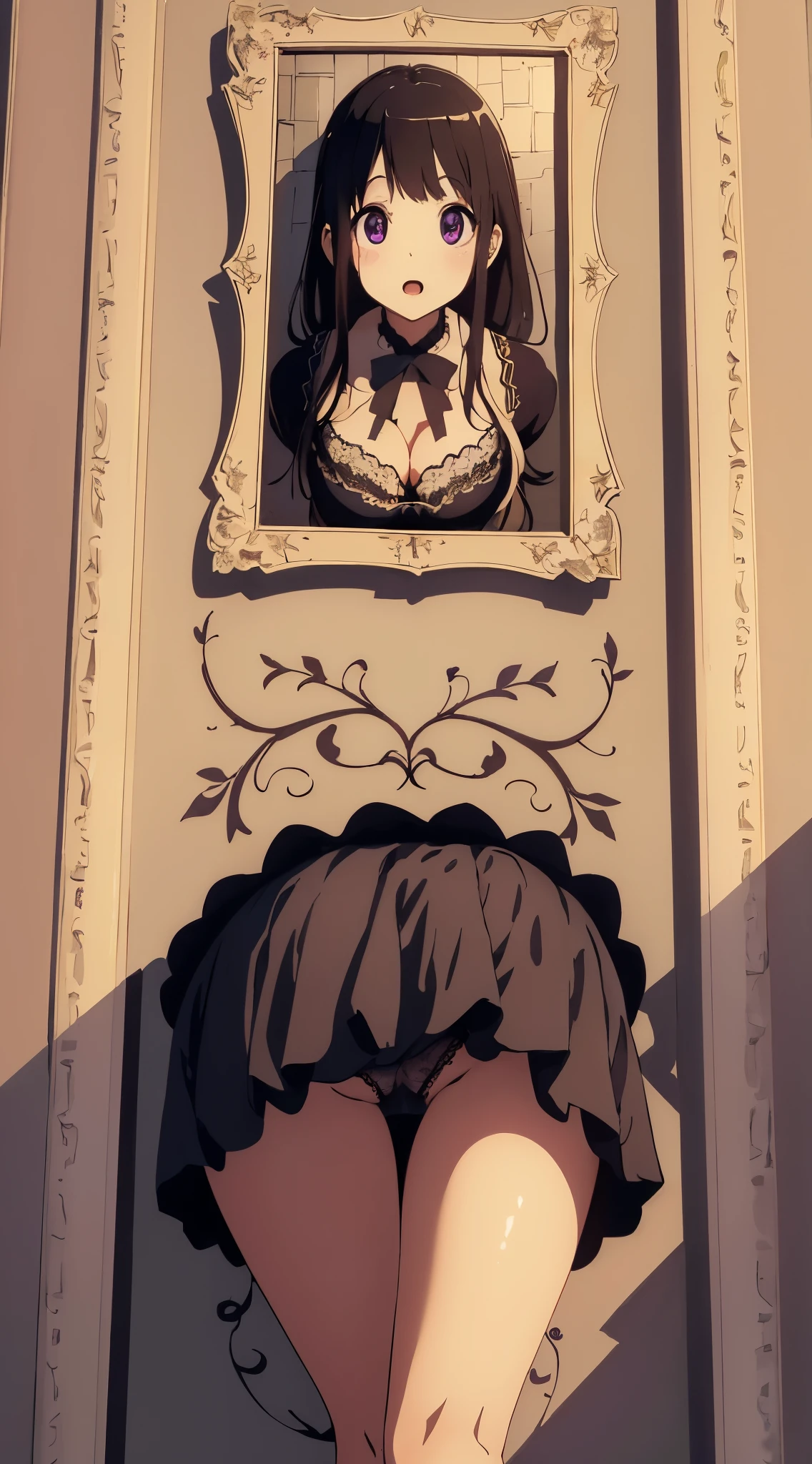 masterpiece, best quality, illustration, highly detailed, chitanda_eru, beautiful detailed eyes, (ass focus), lace panties, (glory wall pose:1.3), short skirt, (picture in frame), natural lighting, cleavage