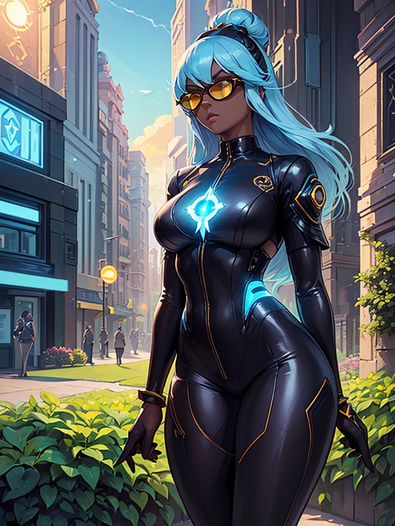((Best Quality)), ((Masterpiece)), (Detail: 1.4), Intricate details, Cinematic lighting, Sharp focus, Detailed face, (((1 woman))), Business woman with medium light blue hair, Yellow eyes, (Futuristic sun glasses:1.4), (Dark skin:1.4), (Black business outfit:1.5), Tall woman, (Medium breasts:1.3), (Outdoor garden:1.3), Cyberpunk city in the background, Sunset,