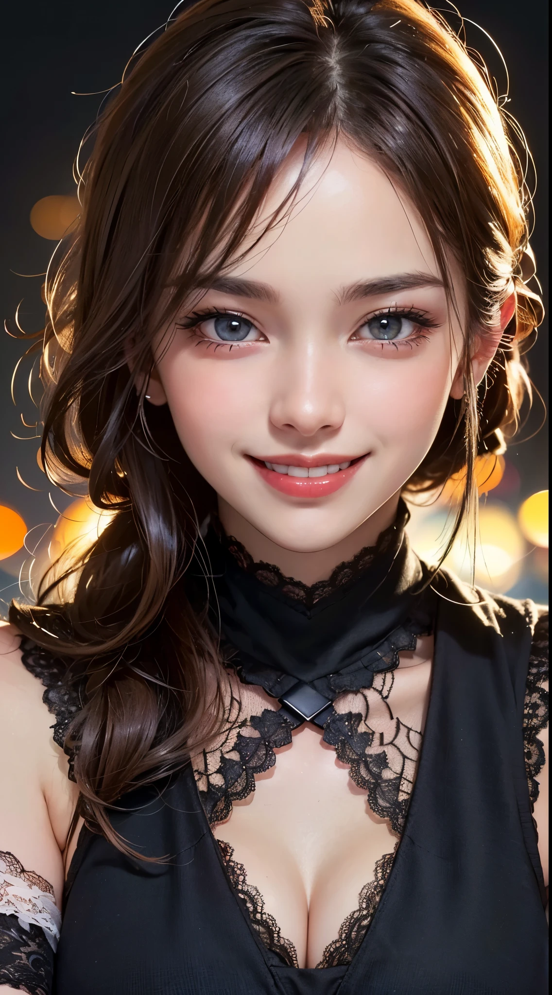 (UHD, retina, masterpiece, accurate, anatomically correct, textured skin, super detail, high details, high quality, best quality, high res, 1080P, HD, 4K, 8k, 16k), (beautiful detailed eyes, beautiful detailed lips, extremely detailed eyes and face), soft lighting, physically-based rendering, vivid colors, (large breasts, glamorous body), (lace, arm warmers:1.5), (portrait, shiny hair, shiny skin, blush), (bokeh), eye reflection, (smile and laugh:1.5),